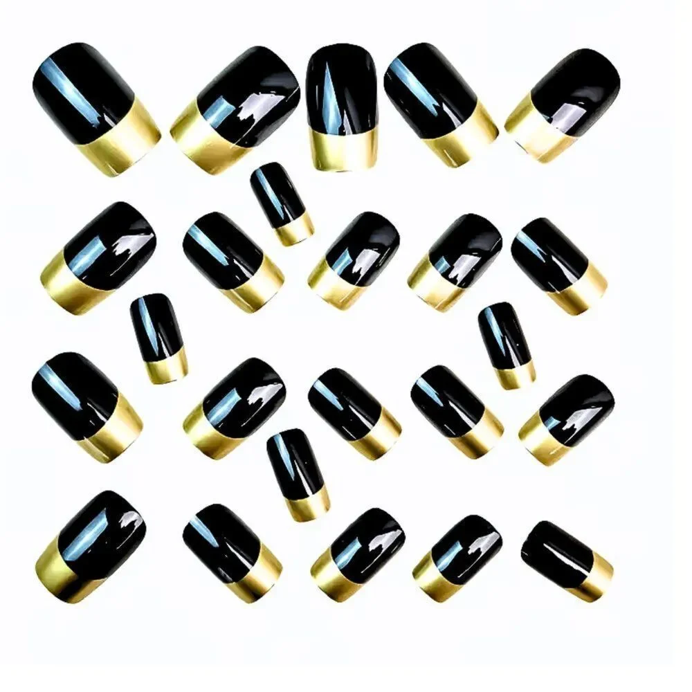 NWT 24pc Black Gold Metallic French Tip Press On Nails Medium Squoval Short